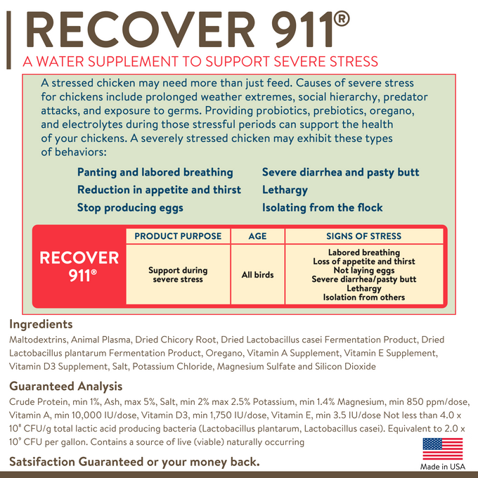 RECOVER 911 – Severe Stress Probiotic Water Supplement for Chickens with Electrolytes, Prebiotics & Oregano